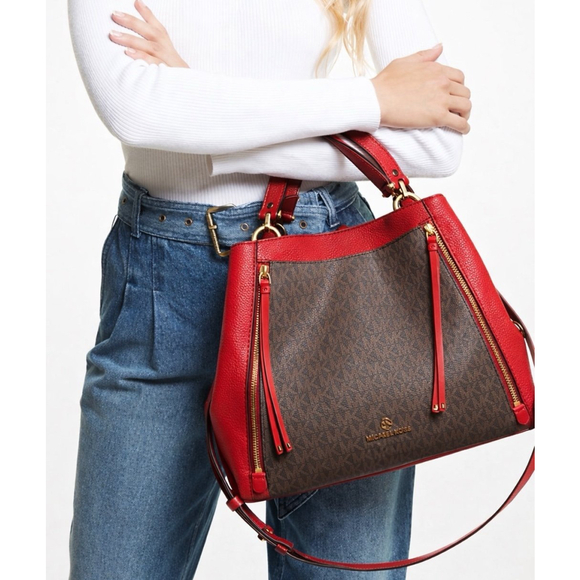Michael Kors Handbags - MICHAEL KORS Brooklyn Large Logo and Pebbled Leather Tote Bag Red/Brown